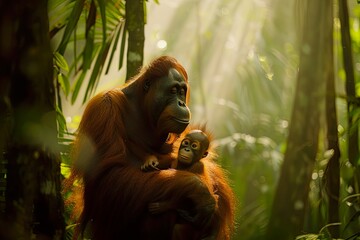 Obraz premium Orangutan Mother and Baby in Jungle