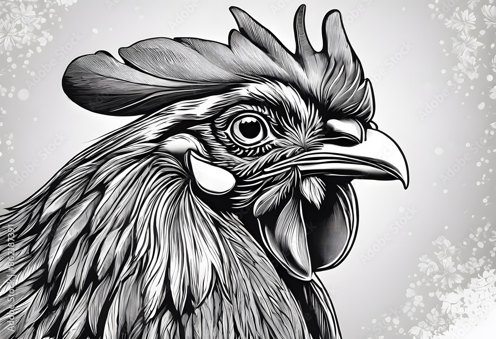 Poster Detailed illustration of a rooster with intricate feather patterns and a prominent comb.