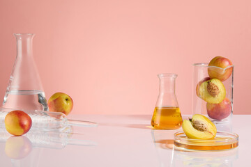 Front view photo of lab scene against pink background, blank space in the center of white...