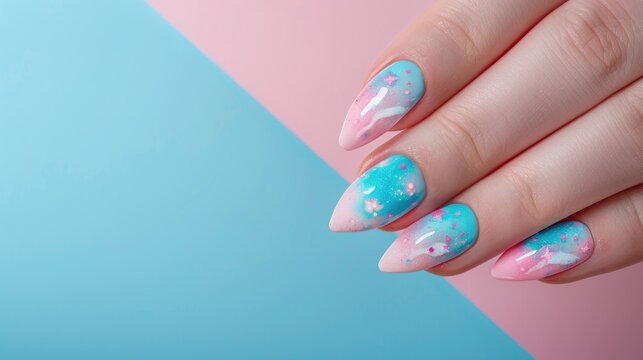 Youthful unicorn manicure with blue and pink design in gel polish Top view with copy space pastel tones for a summery look