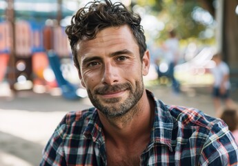 Obraz premium Smiling man with curly hair and beard