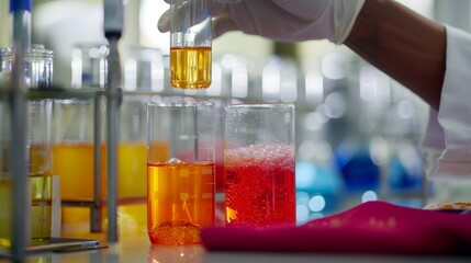 Precision in Experimentation: Close-Up of Hands Holding Beakers with Colored Liquids in a Professional Laboratory Setting