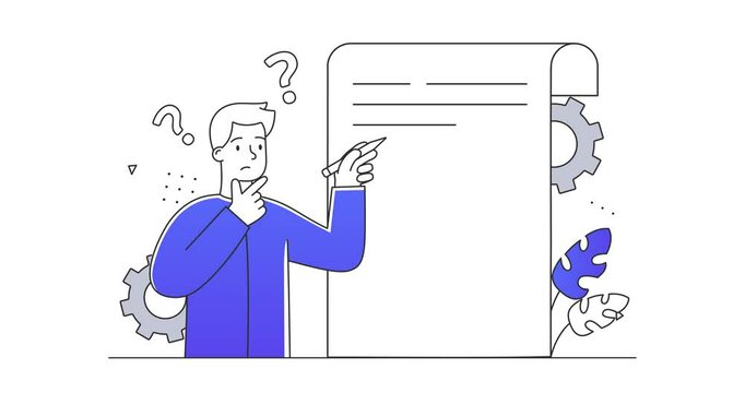 Man thinking about text. Moving banner with guy with pencil. Talented author and copywriter with feather. Character with creativity and art. Novels and poems. Cartoon flat animated graphics