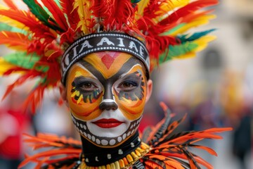 Vibrant carnival costume with feathered headdress