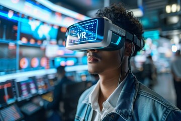 Man using VR headset at desk in modern office, exploring virtual reality technology for professional applications