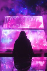 Obraz premium A dark figure hunched over a keyboard in a dimly lit room, their face reflected in a monitor filled with cascading code, vaporwave