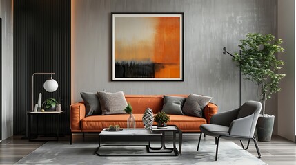 Modern Living Room with Orange Sofa and Abstract Art