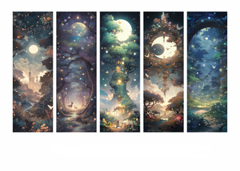 Set of printable colourful bookmarks, Collection of printable bookmarks with starry night, moonlit garden, magical realm, fantasy, fairy outer world theme for booklovers