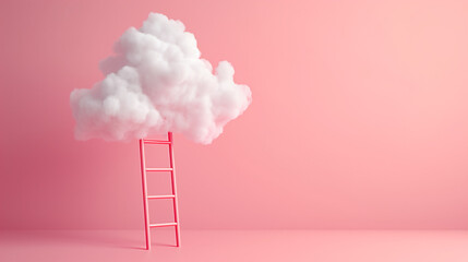 A white cloud hovers above a red ladder against a pink background. The image symbolizes reaching for goals and dreams