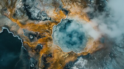 Aerial view of a geothermal landscape, colorful hot springs, steaming geysers, and rugged rock formations
