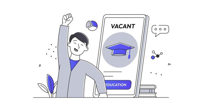 Vacant education concept. Moving banner with guy near graduated hat at smartphone. Learing and training, studying on internet. Student and aspiration specialist. Cartoon flat animated graphics