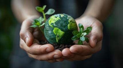 Hands gently holding a miniature green Earth, representing care for nature and ecological responsibility