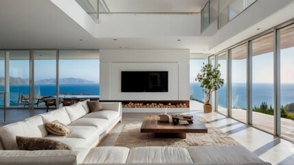 living room interior, white, minimalist style. Lots of space, neat unobtrusive lighting and large windows. House on the mountain overlooking the ocean, the room is regularly shaped, rectangular, with 