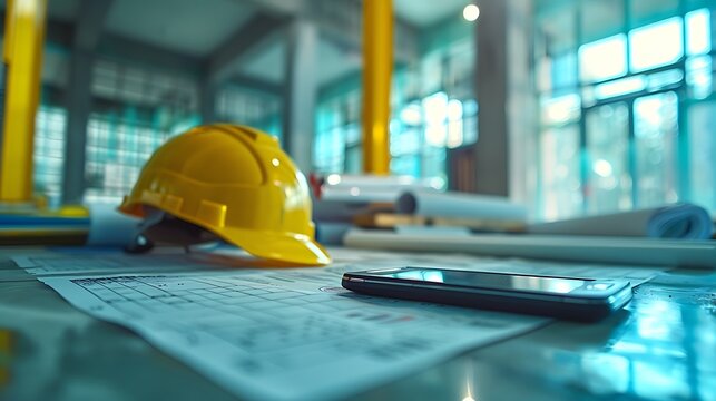 Construction Plans with Hard Hat and Phone