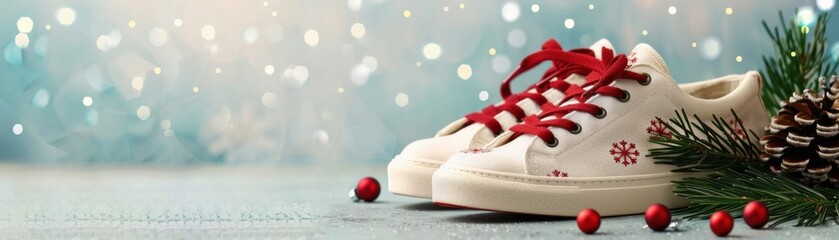 Festive Christmas scene with white sneakers, red laces, pine cone and berries on a snowy surface, perfect for holiday themes.