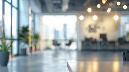 Fototapeta premium Blurred empty open space office. Abstract light bokeh at office interior background