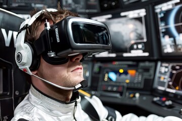 Man using VR headset in space, immersive virtual reality technology, futuristic digital experience