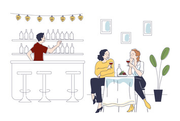 Wine tasting concept. Young women sitting in cafe or restaurant with glasses of alcoholic drinks and beverages. Clients and customers with alcohol. Sommelier at bar. Linear flat vector illustration