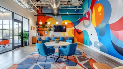 Creative meeting space with blue chairs and a dynamic wall mural, combining modern office elements with vibrant colors