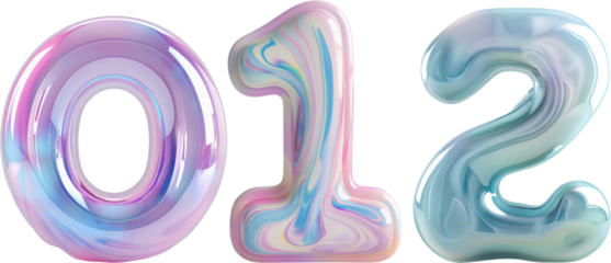  Liquid 3d font 0,1,2 number isolated on white background