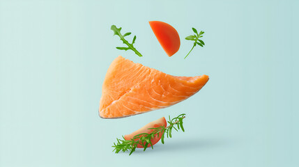 Salmon piece flying in the air white background minimalist