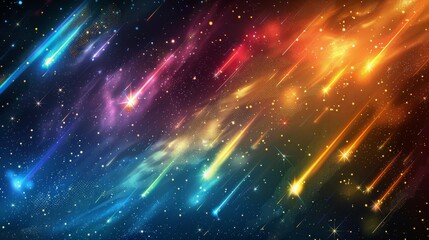 Fototapeta premium Celestial Glow: Abstract Vector Illustration of Glowing Shooting Stars and Colorful Comets on Black Background
