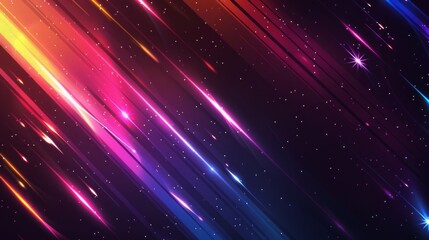 Celestial Glow: Abstract Vector Illustration of Glowing Shooting Stars and Colorful Comets on Black Background
