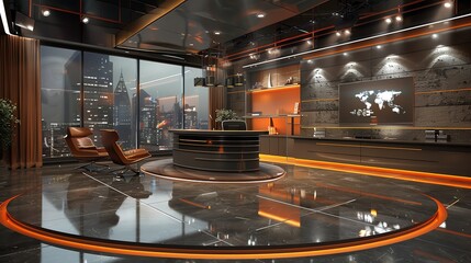 profesional tv studio elegant room green screen, CGI, masking, template studio background , night show background  16:9, black orange theme
