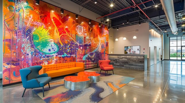 Creative office lobby with a large, colorful mural, incorporating playful and imaginative designs, creating an inviting atmosphere