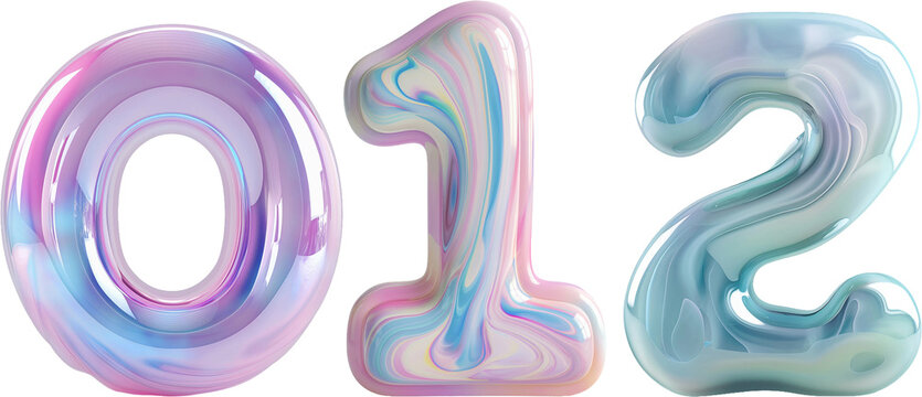  Liquid 3d font 0,1,2 number isolated on white background