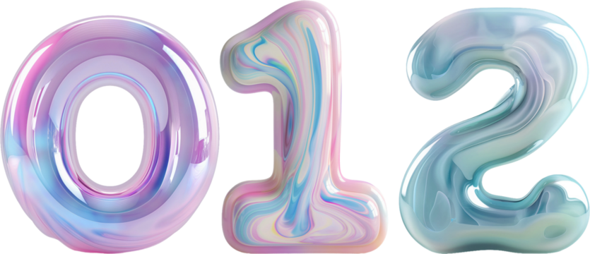  Liquid 3d font 0,1,2 number isolated on white background
