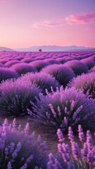 Obraz premium A vast field of lavender flowers under a pastel lavender sky with a mountain range in the distance