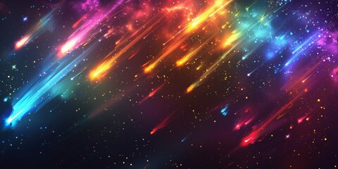 Obraz premium Celestial Glow: Abstract Vector Illustration of Glowing Shooting Stars and Colorful Comets on Black Background