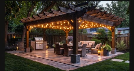 Illuminated Patio With String Lights and Wooden Pergola Under a Summer Sky