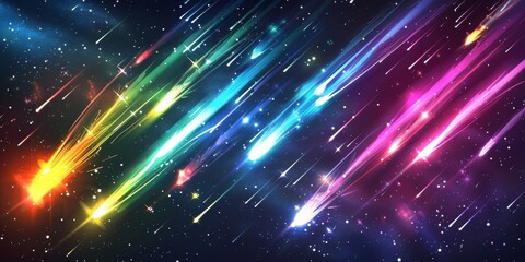 Fototapeta premium Celestial Glow: Abstract Vector Illustration of Glowing Shooting Stars and Colorful Comets on Black Background