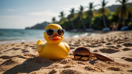 Obraz premium Rubber duck facing the camera wearing sunglasses sitting on the sand with coconut tres and hills behind him