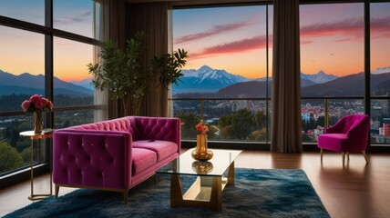 Obraz premium a luxury image for YouTube banner with panoramic background of large glass window with luxury breathtaking view of mountains sunset lighting featuring a cozy lounge room with soft colours blue gold