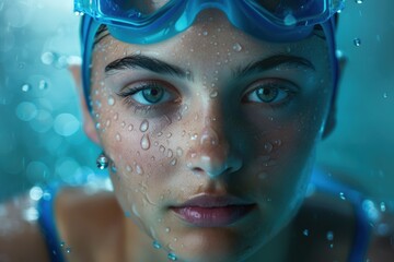 Close-up of a world-class swimmer's face, sharply lit in the studio with water droplets glistening on chiseled features.