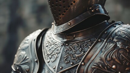 Medieval knight armor close-up with intricate engravings, showcasing historical craftsmanship. Historical artifacts and preservation concept