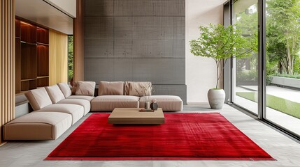 Luxurious red fringe rug spread on the floor of a stylish modern house, minimalist furniture accentuating its vibrant color