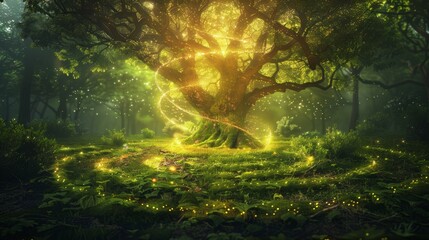 Middle of a forest maze, a large tree glowing with magical light, creating a mystical focal point amidst the greenery