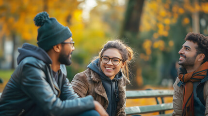 Fototapeta premium friends having a conversation on a park bench.