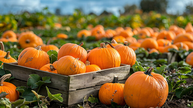 Orange pumpkins and gourds in a lush green patch surrounded by wooden crates and autumnal foliage under a bright blue sky.