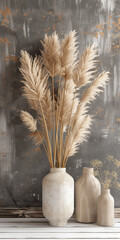 Clay vase with bouquet of dried flowers on wooden table. Home interior in minimalist style