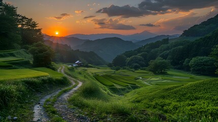 Sunset over rice terraces in Japan