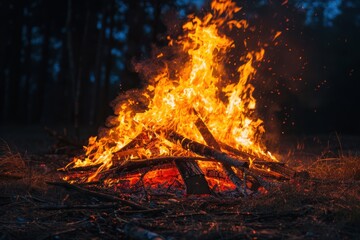 A pile of burning wood with a lot of sparks flying out of it