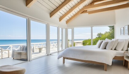 Fototapeta premium bright white bedroom, elegant, interior, house, home, architecture, decor, design, farmhouse, modern, contemporary, view, comfortable
