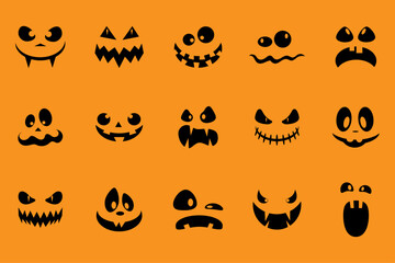 Fototapeta premium Set of Halloween pumpkin faces silhouette. Scary pumpkin smiling on orange background. Design for the Halloween celebration. Vector illustration.
