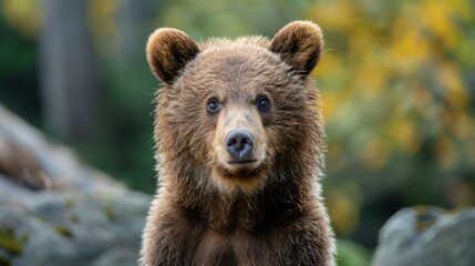 Obraz premium Close-Up Portrait of a Brown Bear Cub in a Forest Setting