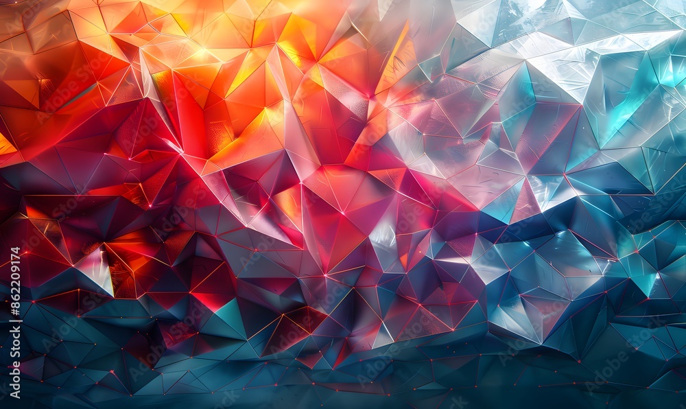 Wall mural dynamic and colorful polygonal patterns, great for contemporary and tech-themed visuals